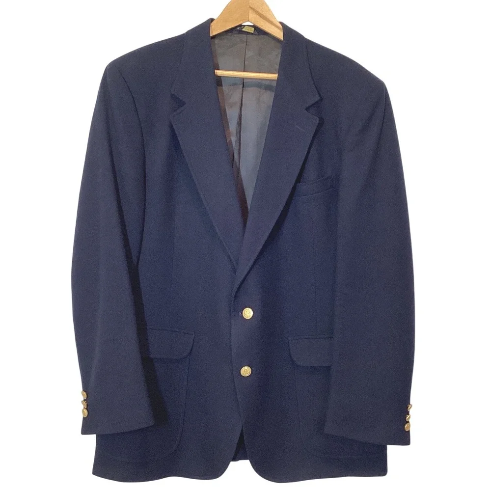 Vintage Don Douglass for Hess's Navy Blue Wool Blazer Sport Coat Buttons - 44R